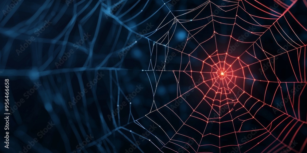 Poster abstract web network with glowing red and blue lines - internet connectivity and technology concept