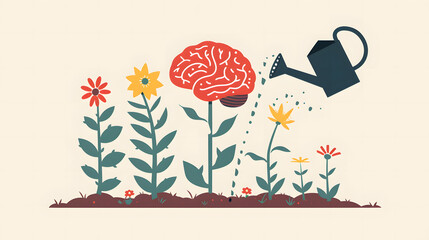 Human brain growing from a flower, watering can is pouring water on the mind, mental health concept, positive attitude, creative thinking