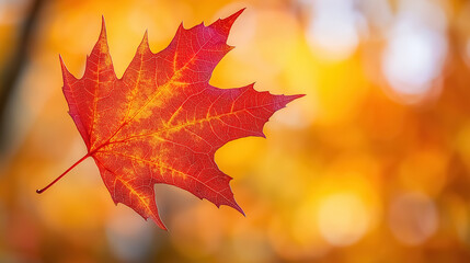 Fototapeta premium A vibrant autumn maple leaf in sharp focus, showcasing its rich red and orange hues with detailed textures of veins and serrated edges