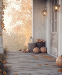 Decorated spooky porch of traditional American house decorated for Halloween holiday, pumpkin, dry leaves, light garland. Concept of decorating the facade of the building for the holiday and waiting