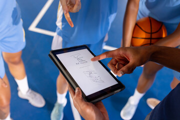 Basketball male coach using tablet to discuss game strategy with female players