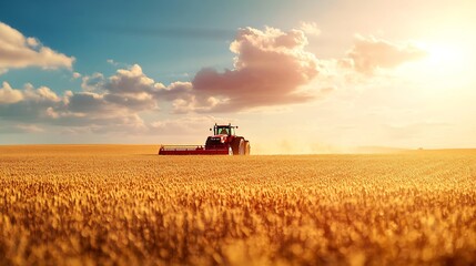 Fototapeta premium Tractor harvesting on agricultural field on sunny day : Generative AI