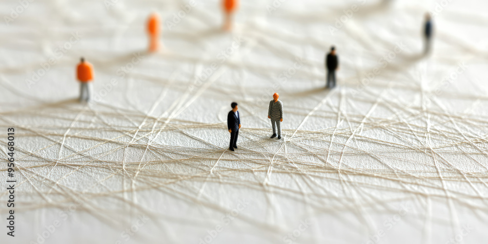 Wall mural group of simple miniature people shapes connected by thread lines on a simple background. wallpaper 