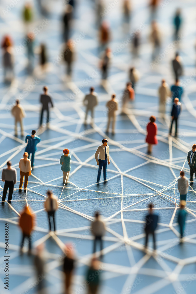 Wall mural group of simple miniature people shapes connected by thread lines on a simple background. wallpaper 
