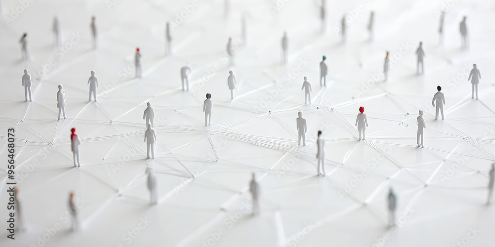 Wall mural group of simple miniature people shapes connected by thread lines on a simple background. wallpaper 