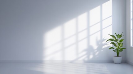 Fototapeta premium Minimalist scenes, with sharp diagonal shadows and light and shadow patterns on the white walls, create a peaceful and tranquil atmosphere, and modern aesthetics highlight tranquility.