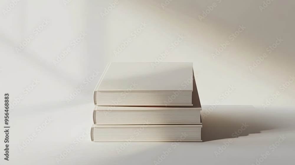 Poster a stack of three blank books on a white surface. the books are arranged neatly, with the top book sl