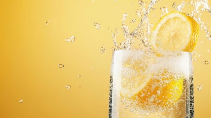 a close-up shot of sparkling water being poured into a glass with lemon slices, with bubbles rising rapidly and catching the light