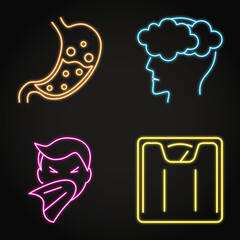 Unhealthy gut symptoms neon icon set. Bloating, brain fog, weight gain. Vector illustration.