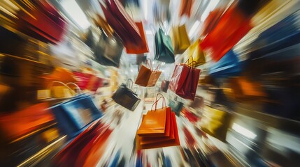 An artistic representation of Black Friday shopping as a whirlwind of sale tags and shopping bags. The scene is dynamic and visually engaging, capturing the fast-paced nature of the sales event.