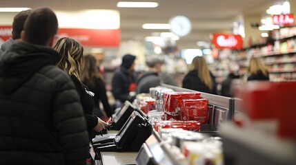 A high-energy close-up of a checkout counter during Black Friday, with a line of shoppers waiting to pay. The counter is cluttered with items and sale signs, reflecting the busy and hectic nature of