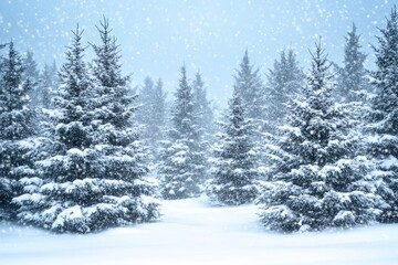 Obraz premium A snowy forest scene with evergreen trees, creating a serene winter atmosphere.
