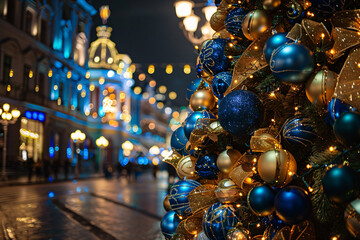 Fototapeta premium christmas tree in the city square at night with copy space for text