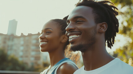 Afrykańska para na porannym spacerze po mieście, ciesząca się zdrowym trybem życia. Mężczyzna uśmiecha się szeroko, a ich energiczny krok odzwierciedla radość z ruchu i wspólnie spędzonego czasu.