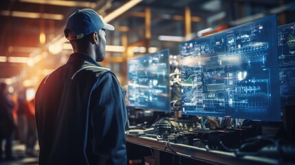 Fototapeta premium Technician Monitoring Advanced Digital Screens in a High-Tech Industrial Control Room