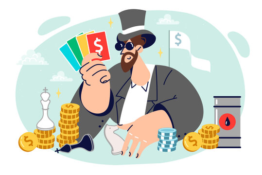 Man owner of monopoly business, receives income from sale of fuel, sits with coins and game cards