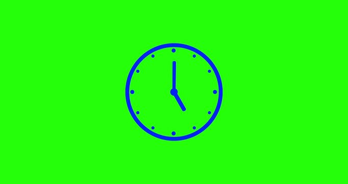 Animation time lapse of a clock. Blue clock hands on green clock face. Time pointer ticks in 12 hour time loop. Concept Wall clock on green background with copy space. Countdown the day. Vertical