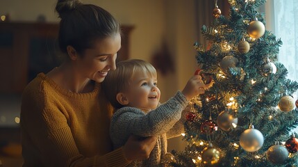 A mother and child decorating a Christmas tree together, with ornaments, tinsel, and twinkling lights, in a warmly lit living room