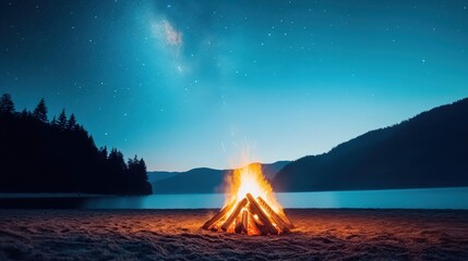 a cozy gathering of friends around a bonfire on a beach, roasting marshmallows and sharing stories under a starry night sky