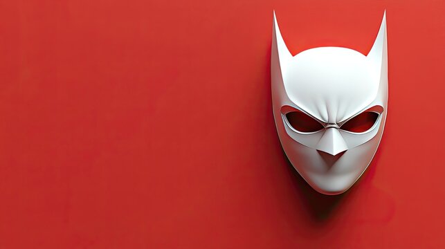 A white mask with a sharp, angular design sits against a vibrant red background.