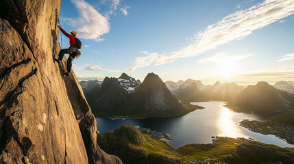 Fototapeta premium Wspinacz zdobywający imponującą skałę na tle wysokich gór.