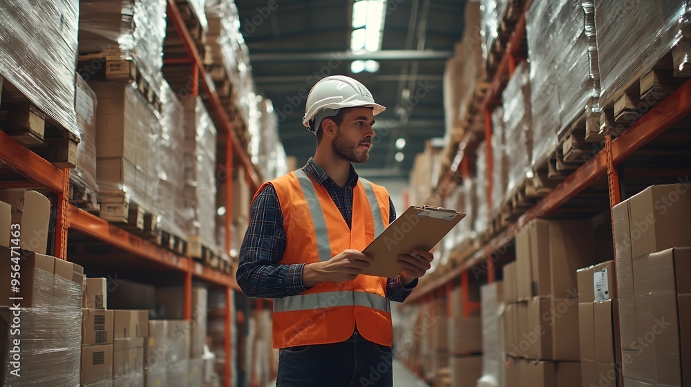 Poster engineer man wearing safety helmet and vest holding clipboard and take note on the paper in the auto