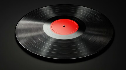 Obraz premium A classic black vinyl record with a red label sits on a black background.