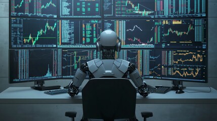 Robot stock trader analyzing real-time data from multiple computer screens, making investment decisions based on algorithms and market trends