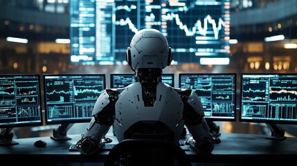 Ai robot stock trader sits at his desk, monitoring multiple screens displaying charts and data