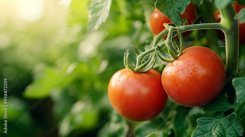 Poster ripe red tomatoes are on the green foliage background hanging on the vine of a tomato tree in the ga
