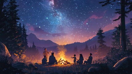 Fototapeta premium A mixed ability family camping under a starry night sky, roasting marshmallows over a campfire, sharing stories and laughter, illustration