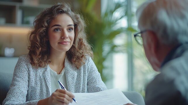 Focused female patient signing informed consent form while sitting on couch during medical consultation with elderly doctor Compliance with legal requirements when receiving personaliz : Generative AI