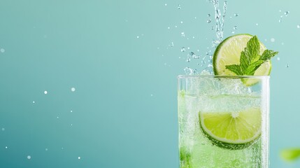 a detailed shot of a cocktail being mixed, with vibrant liquids swirling in the glass and garnishes like lime and mint adding a fresh touch