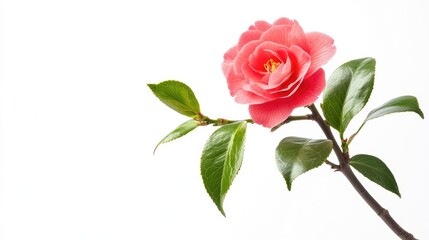 A single pink camellia flower with green leaves on a white background.