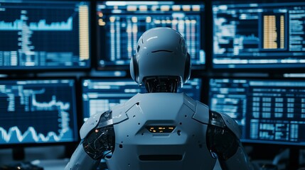 Ai robot is analyzing big data on multiple computer screens, showcasing the future of finance and technology