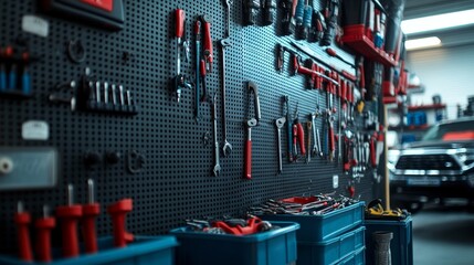 A black punching tool board with various tools hanging on it, located inside the car repair shop. Blue toolboxes, dark gray plastic containers, and some colorful small objects can all be seen.
