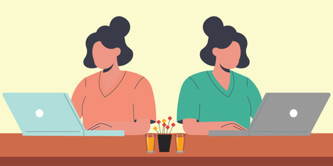 Woman works at laptop computer flat vector illustration.