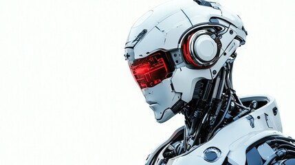 A white robot with red glowing eyes.