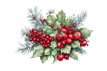 A cluster of holly leaves, pine needles, and red berries