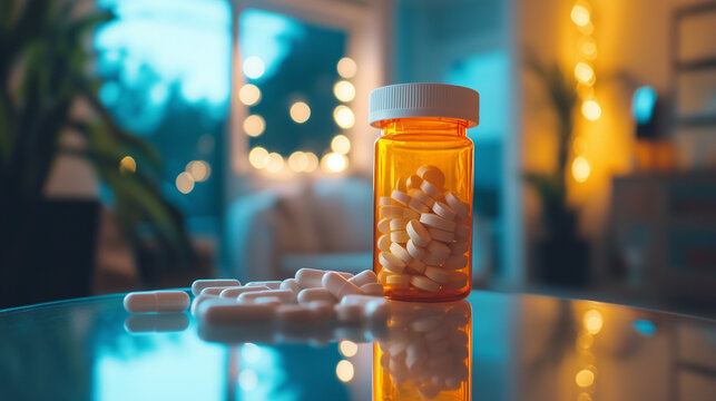 Butelka wypełniona tabletkami opioidowymi, umieszczona na lustrzanym stole. Obrazek wysokiej jakości podkreślający zagrożenia związane z uzależnieniem, kryzysem opioidowym i zakupem lek&oacute;w.