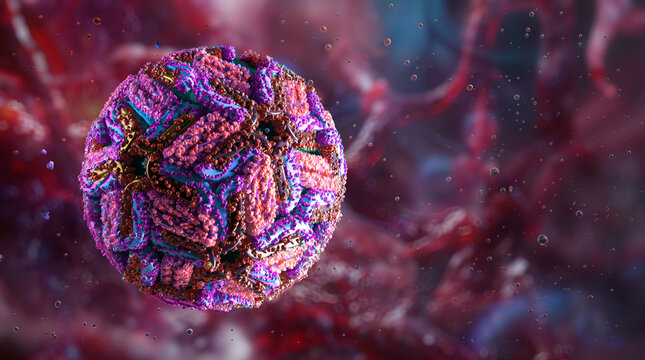 Microscopic view of West Nile RNA virus, Flaviviridae, japanese encephalitis family. Flavivirus pathogen transmitted by mosquitoes. Illness risk, medical research, epidemic viral infection, health. 3D