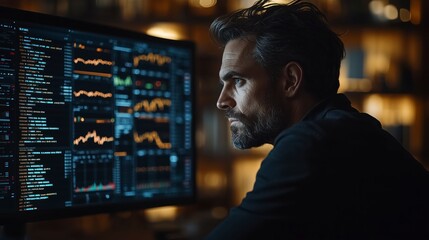 Financial analyst works late in the office, analyzing data on his computer screen