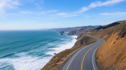 a dramatic coastline road, with cliffs rising on one side and the ocean stretching out on the other, waves crashing against the rocks below, captured in first person point of view