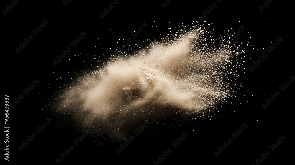 Poster a cloud of golden dust explodes against a black background. the dust is illuminated by a light sourc