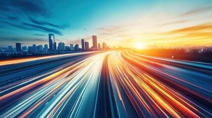 a dynamic shot of a busy freeway at rush hour, with cars and trucks streaming by in both directions, the city skyline visible in the background, captured in first person point of view