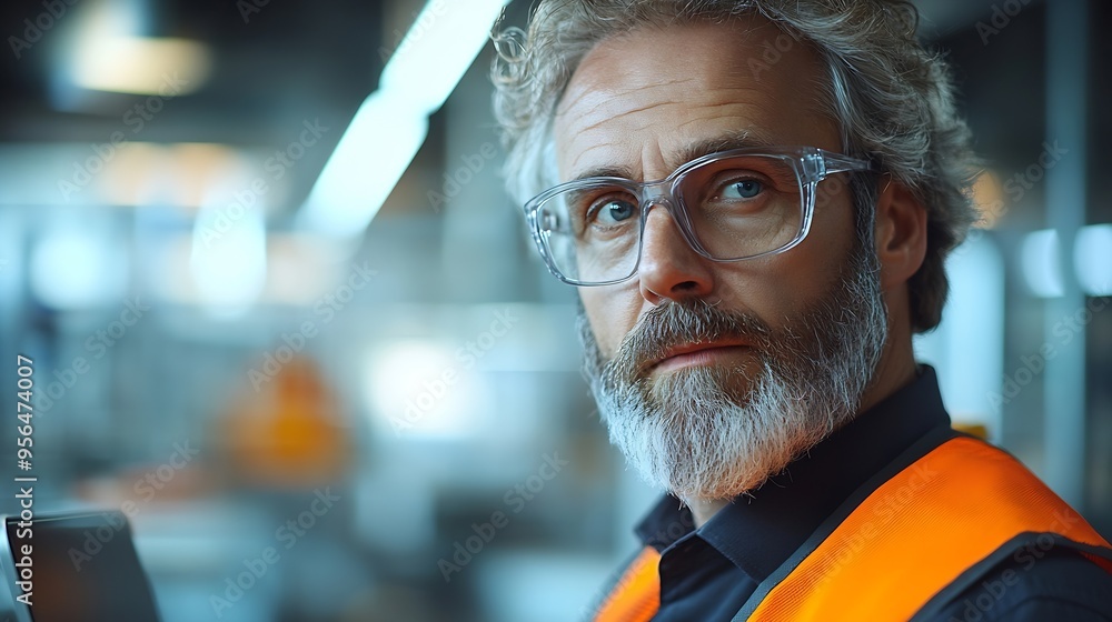 Poster Portrait of a Senior Technician with a Beard and Glasses Using Laptop Computer and Looking at Camera Industrial Male Specialist Wearing a Protective Vest Working in a Modern Electronic : Generative AI