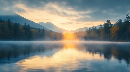 Fototapeta premium USA New York State St Armand Lake Placid at sunrise : Generative AI