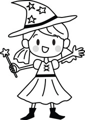 Line drawing of a girl wearing witch costume. Halloween. Vector Illustration.
