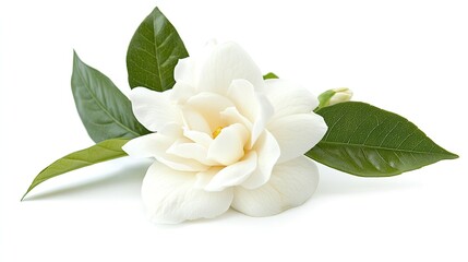 Obraz premium A single white gardenia flower with green leaves, isolated on a white background. The flower is in full bloom, with its petals open wide.