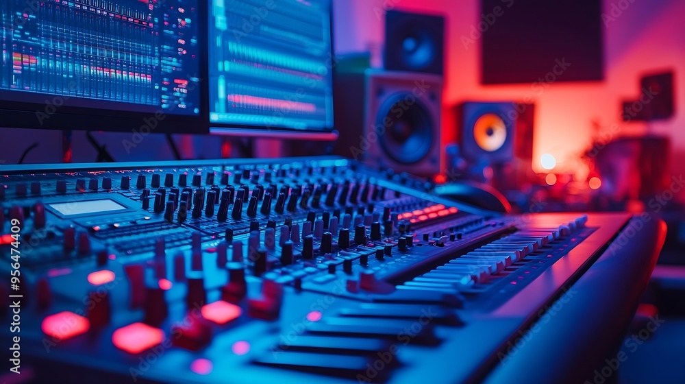 Poster empty studio at home equipped with mixing soundboard panel and other musical instruments music indus